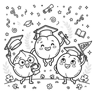 Dive into the festive spirit of achievement with this heartwarming coloring page featuring joyful shamrock seeds celebrating their graduation day. Adorned in caps and gowns, these little graduates are ready for your creative touch to bring their special moment to life.