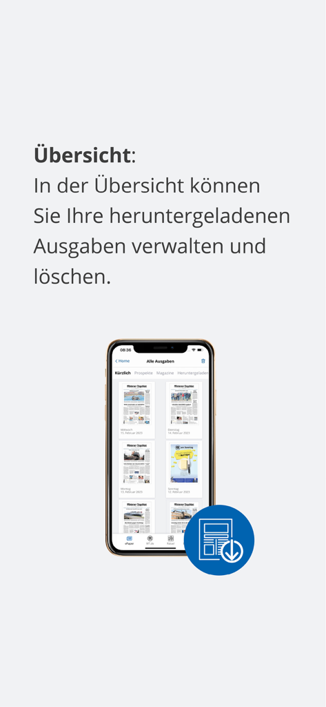 Mindener Tageblatt - Mindener Tageblatt app interface showing the overview of downloaded newspaper editions for offline reading