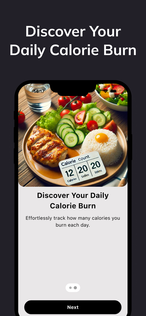 Fit AI: AI Food Tracker - Fit AI app screen showing daily calorie burn tracking with a healthy meal and calorie count overlay