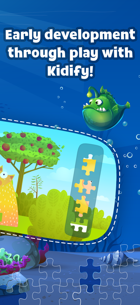 Kidify: Puzzle Games for Kids - A screenshot of the Kidify puzzle game showing an underwater scene with an anglerfish and a land-based puzzle window featuring a cat and fruit tree.
