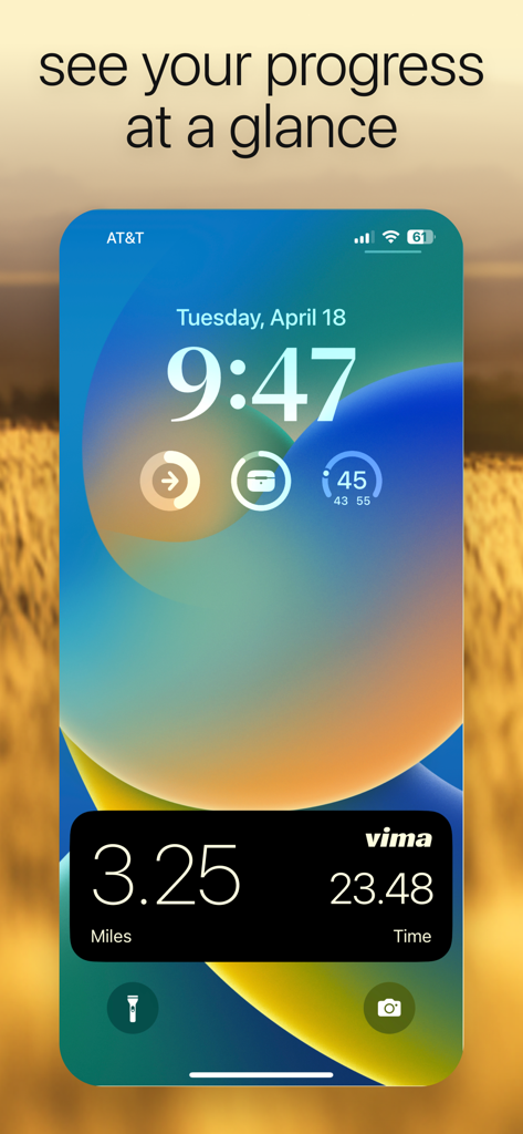 Walking Distance Tracker - Widget de la aplicación Vima en la pantalla de bloqueo del iPhone que muestra la distancia y el tiempo de caminata