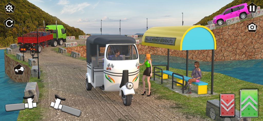 Um auto rickshaw branco pegando um passageiro em um ponto de ônibus em um jogo de simulação 3D