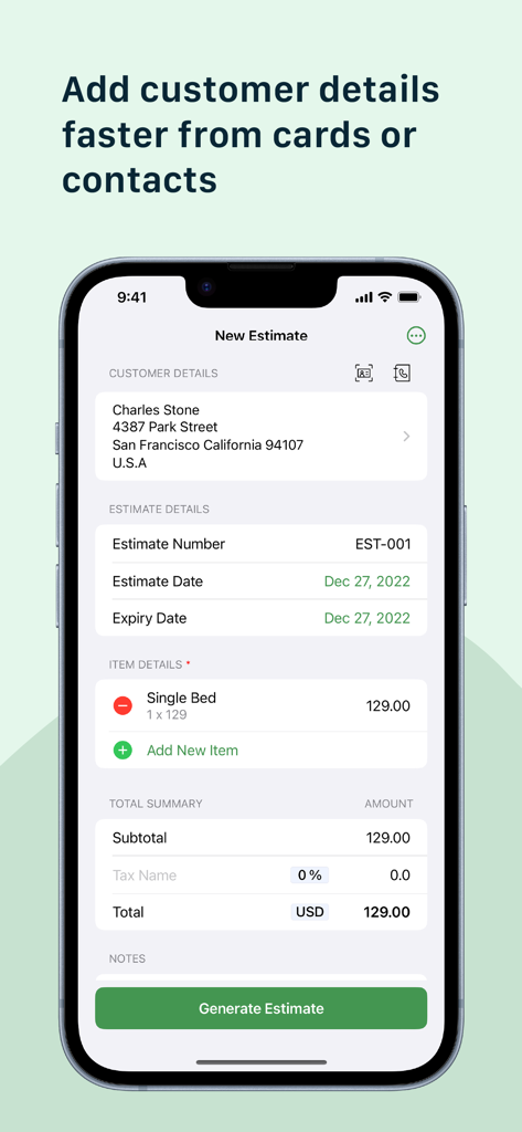 Zoho Estimate Generator mobile app screen for entering customer and item details