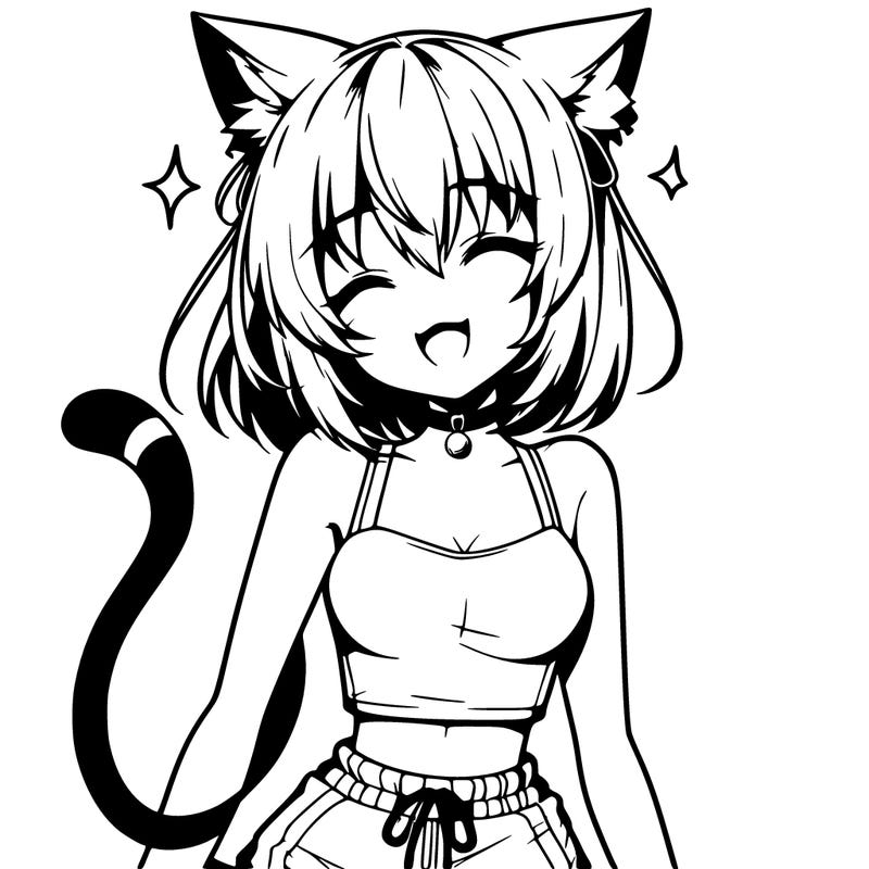 anime girl with medium hair and bangs cat ears and tail smile and eyes closed, with a crop top and shorts