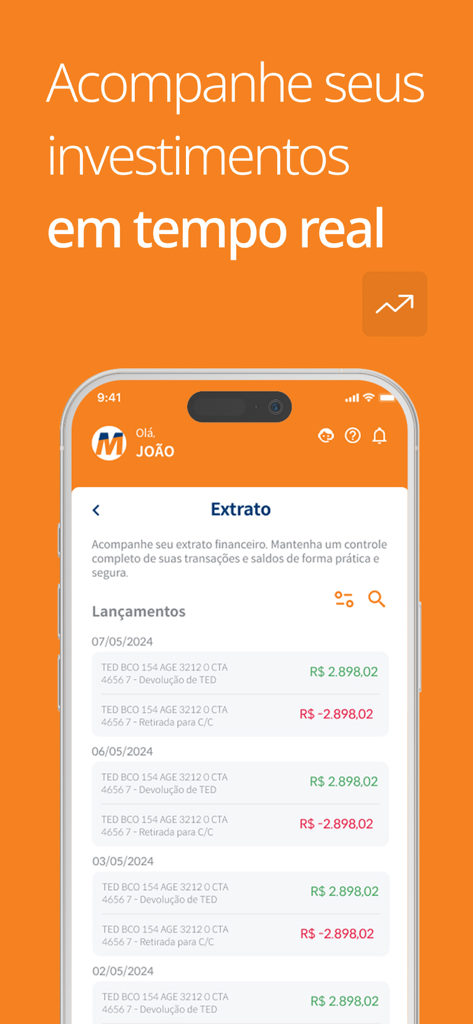 Captura de tela do aplicativo móvel Mirae Asset Invest exibindo histórico de transações e rastreamento de investimentos.