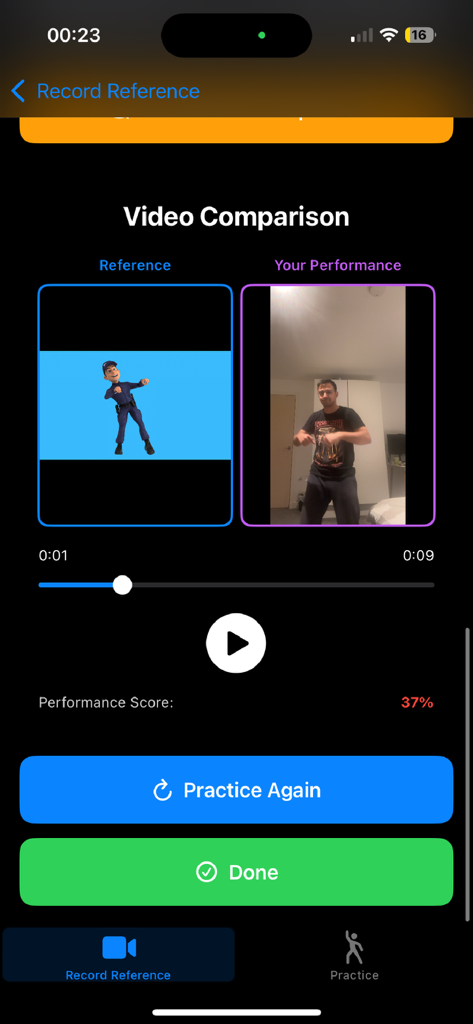 Side-by-side comparison of a dance reference and user performance with an AI generated performance score.