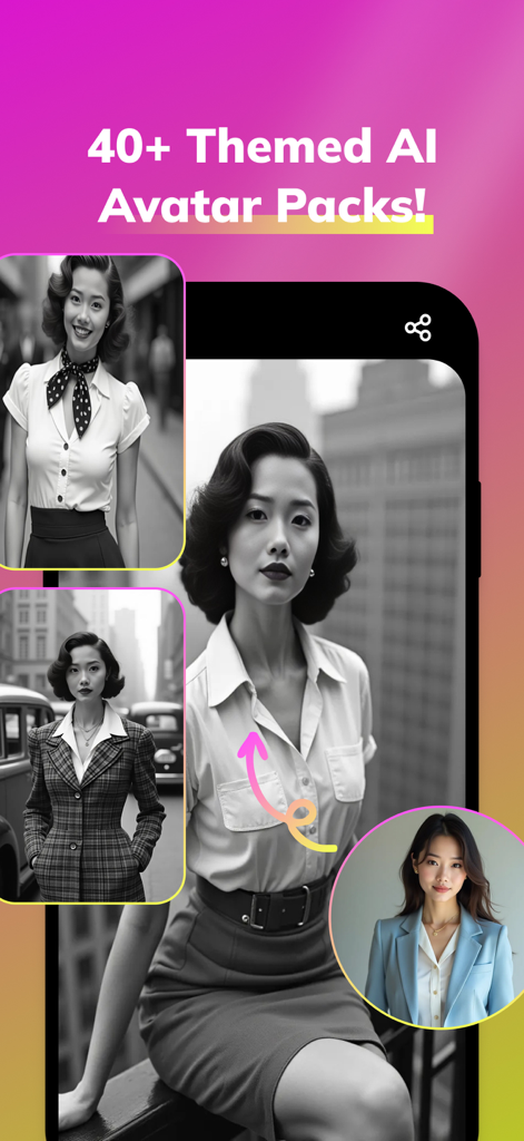 A showcase of themed AI avatar packs in the Swapzy app featuring vintage and professional styles