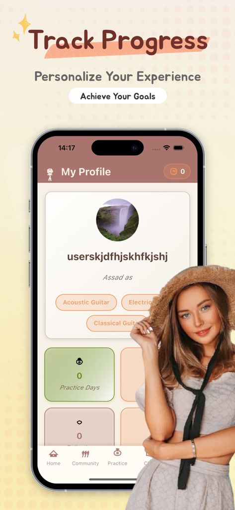 Tigoアプリのユーザープロフィール画面、練習日数とギターへの関心を表示