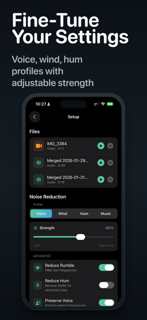 Noise Reducer · Audio Tool - Smartphone screen showing noise reduction profiles for voice wind and hum with adjustable strength slider