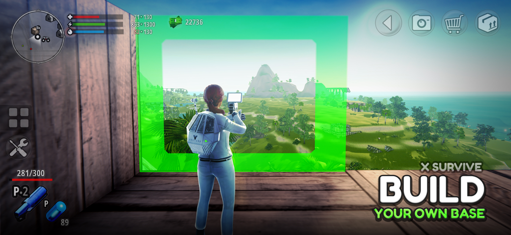 X Survive: Open World Sandbox - A character constructing a futuristic base in a lush open world environment.