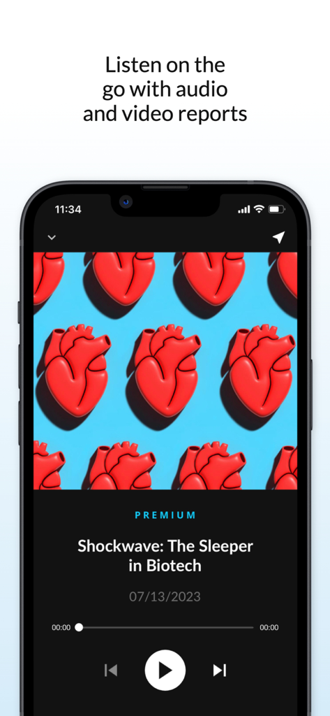 Moby: Invest Smarter - Smartphone screen showing the Moby app audio player interface for listening to professional investment reports on the go.