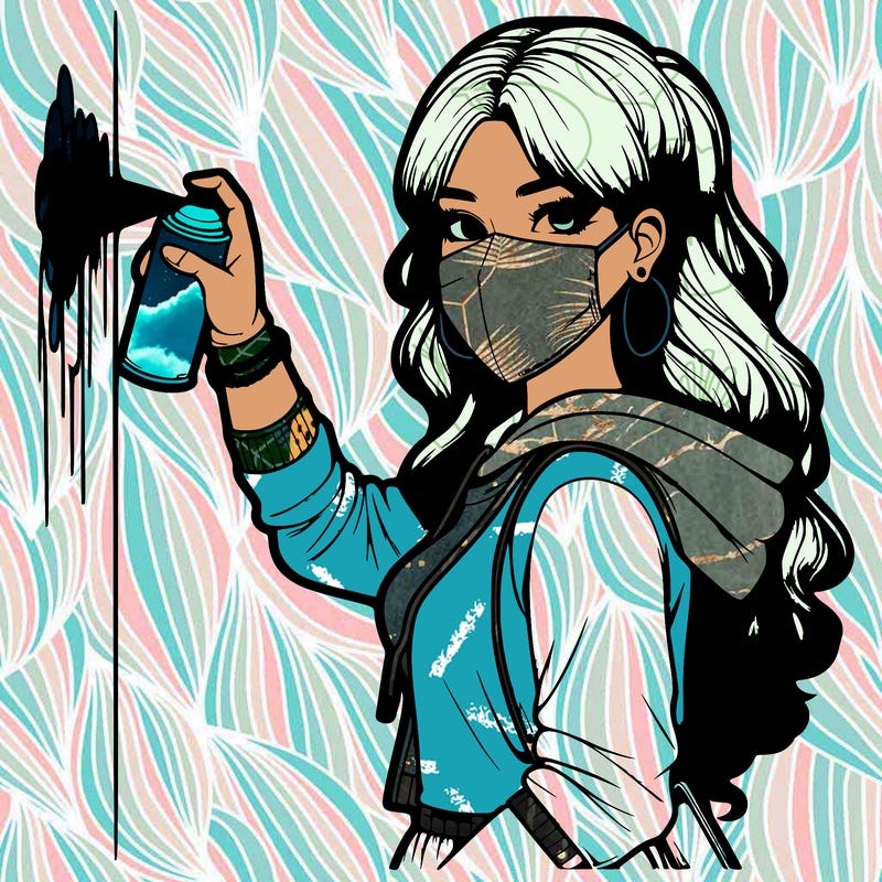 realistic girl with mask spray painting a wall