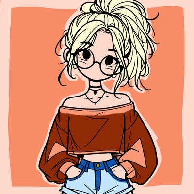 girl with a messy ponytail glasses a baggy crop top and jean shorts