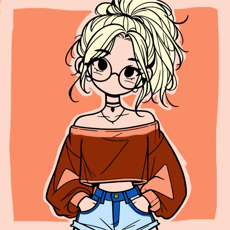 girl with a messy ponytail glasses a baggy crop top and jean shorts