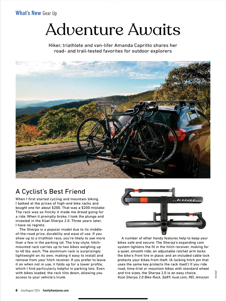 The Family Handyman - Uma página de revista do The Family Handyman apresentando uma análise do rack de bicicleta Kuat Sherpa 2.0 para exploradores ao ar livre.