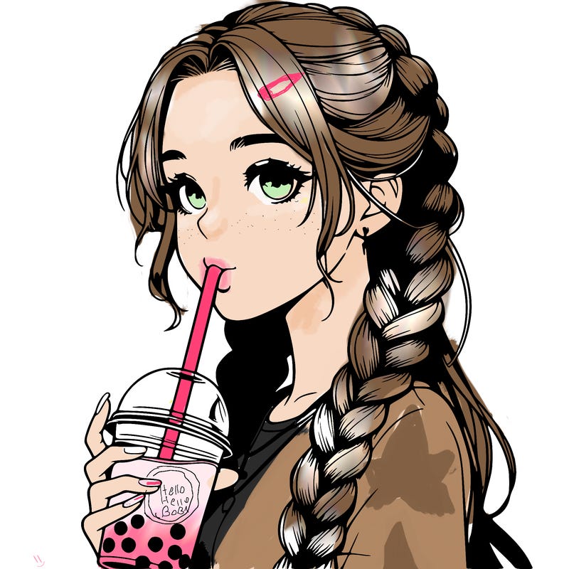 realistic girl with braided hair drinking boba