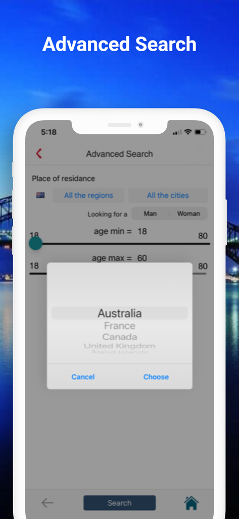 Palsau - Advanced search screen in the Palsau app with filters for location gender and age range