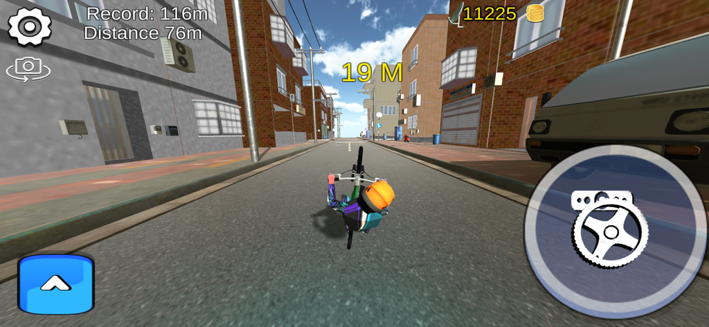 Un ciclista realizando un truco de caballito en una calle de la ciudad en el juego móvil Wheelie Bike 3D.
