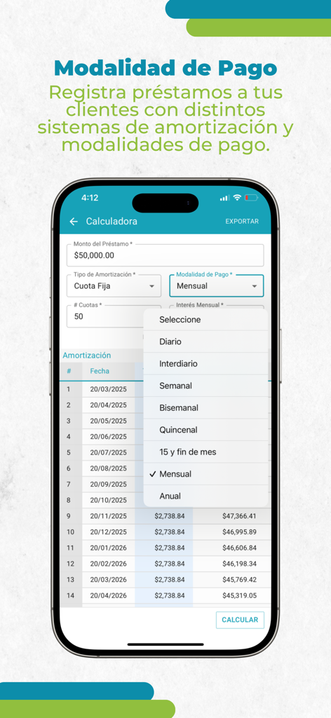 PrestamistApp 3.0 - Tela da calculadora de empréstimos no PrestamistApp mostrando opções de frequência de pagamento e um plano de amortização para credores particulares