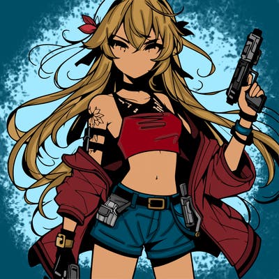 bad girl wearing crop top holding a gun long hair anime