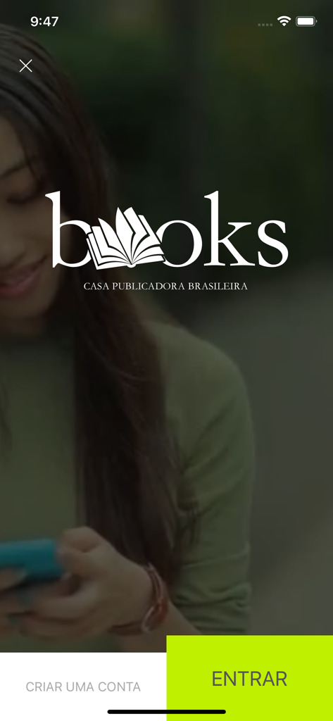 CPB Books - Tela de boas-vindas do aplicativo CPB Livros mostrando o logotipo e opções para entrar ou criar uma conta.