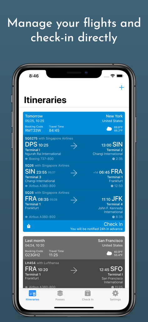 iPhone screen showing the flight itineraries list with detailed flight legs, terminals, and check-in reminders