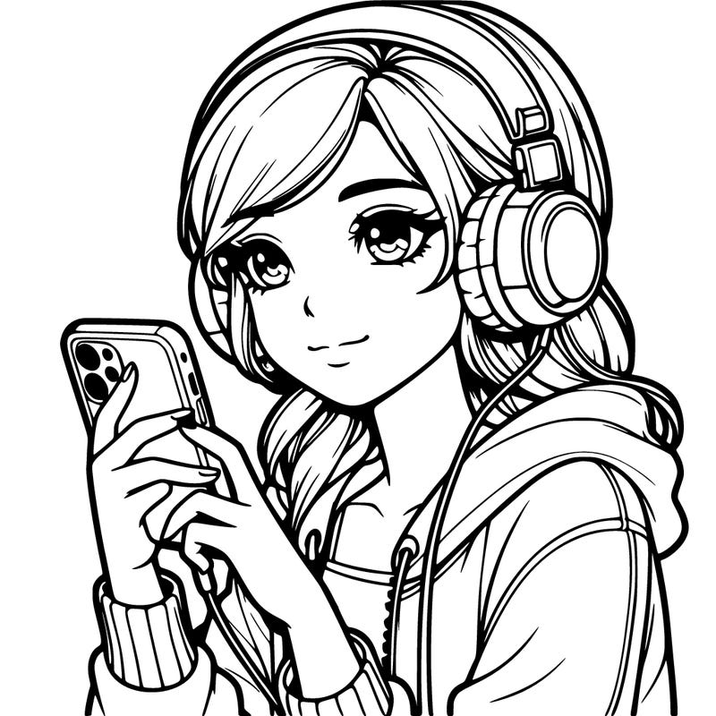 realistic girl wearing headphones and on her phone