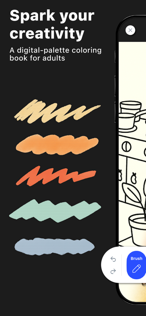 Adult coloring book Bloom app interface showing digital color swatches and drawing tools.