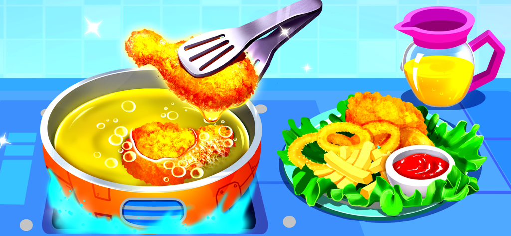 Une scène de cuisine cartoon montrant un pilon de poulet en train d'être frit dans une poêle orange futuriste à côté d'une assiette d'oignons frits et de frites.