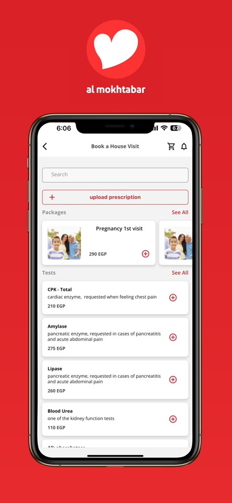 AlMokhtabar - المختبر - AlMokhtabar app screen showing the Book a House Visit interface with medical test options and prices