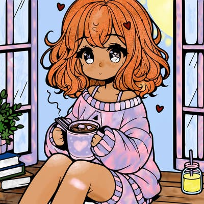 cute anime girl reading book and drinking hot chocolate from mug with loose wavy hair wearing a baggy sweatshirt and shorts sitting by windowsill looking out