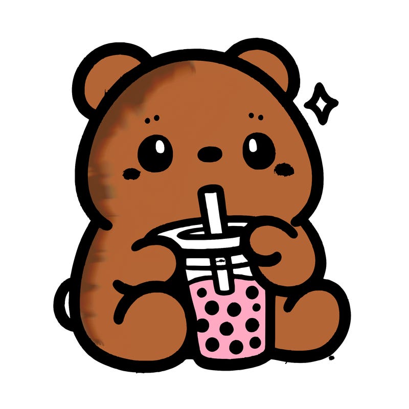 a cute bear drinking boba