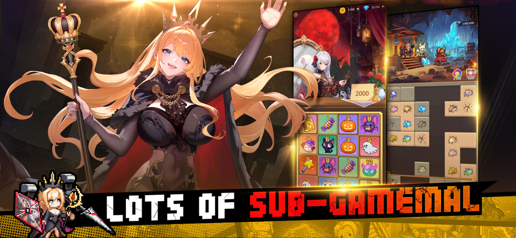 Pixel Saga: Squad RPG - Anime queen character showcasing various mini games in Pixel Saga Squad RPG