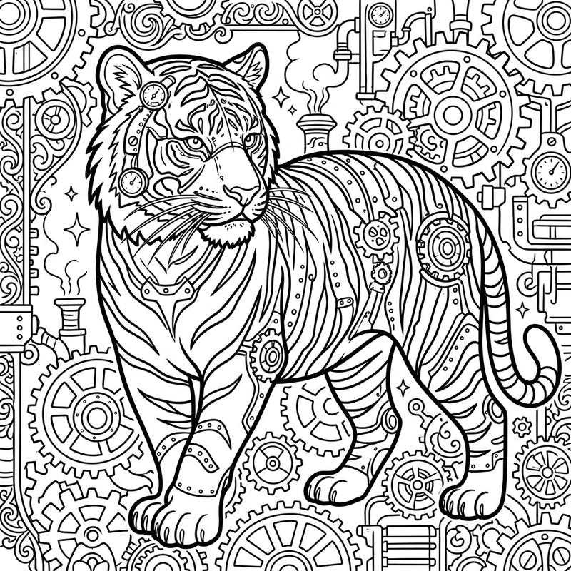 Embark on an epic coloring journey with this stunning Steampunk Bengal Tiger design. Featuring a majestic tiger integrated with intricate gears and clockwork, this page offers a unique blend of nature and Victorian fantasy.