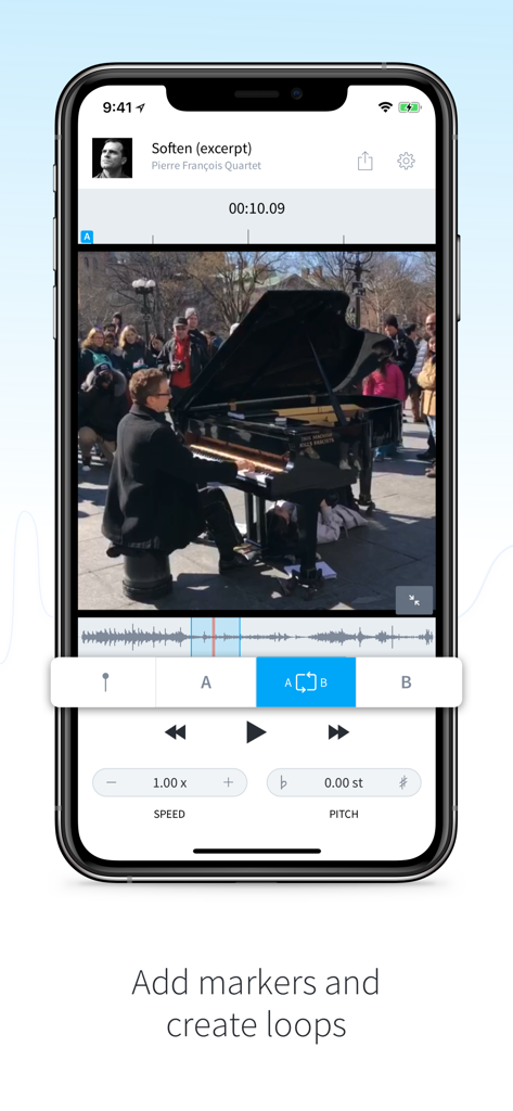 AudioStretch app interface showing markers and loops for video music transcription