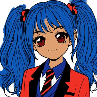 realistic girl with two ponytails and a suit on