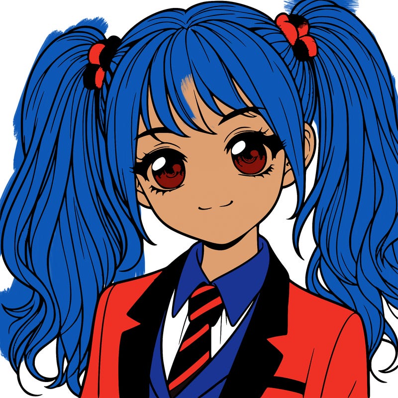 realistic girl with two ponytails and a suit on