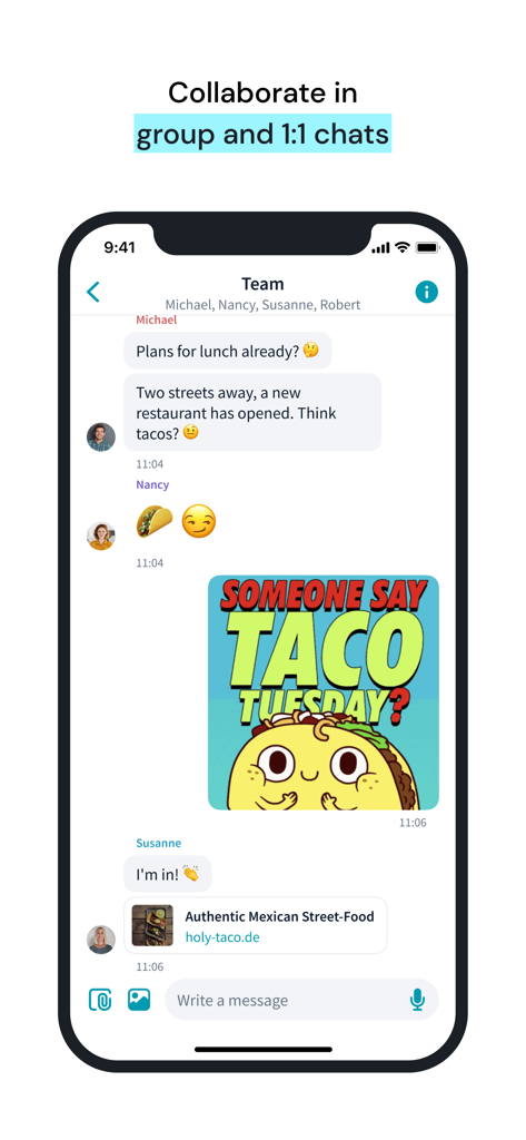 Haiilo - A screenshot of the Haiilo app showing a group chat interface for employee collaboration