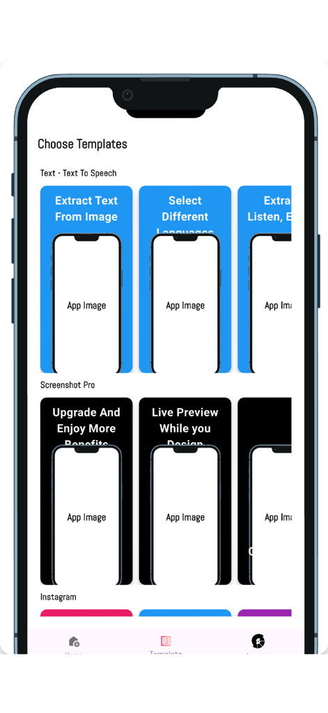 Screenshot Pro - App Designs - Mobile app interface showing a gallery of customizable device mockup templates for app store screenshots