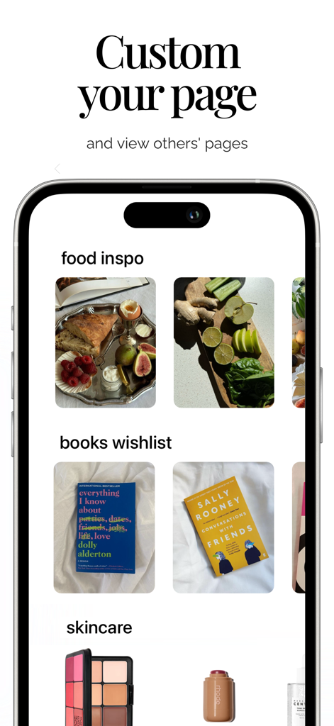 Her 75 - Her 75アプリのユーザープロフィールで、食品、書籍、スキンケアのインスピレーションのためのカスタムムードボードが表示されています。