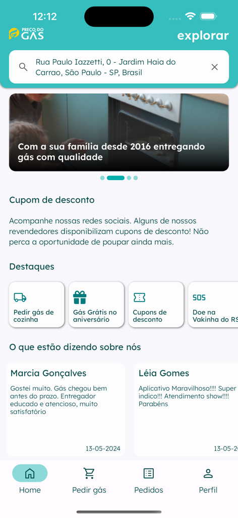 Preço do Gás - Home screen of Preco do Gas app showing cooking gas delivery services and reviews
