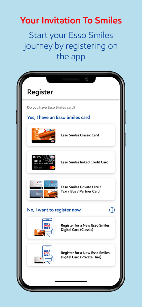 Esso Singapore - Registration screen of the Esso Singapore app showing various Smiles card loyalty program options