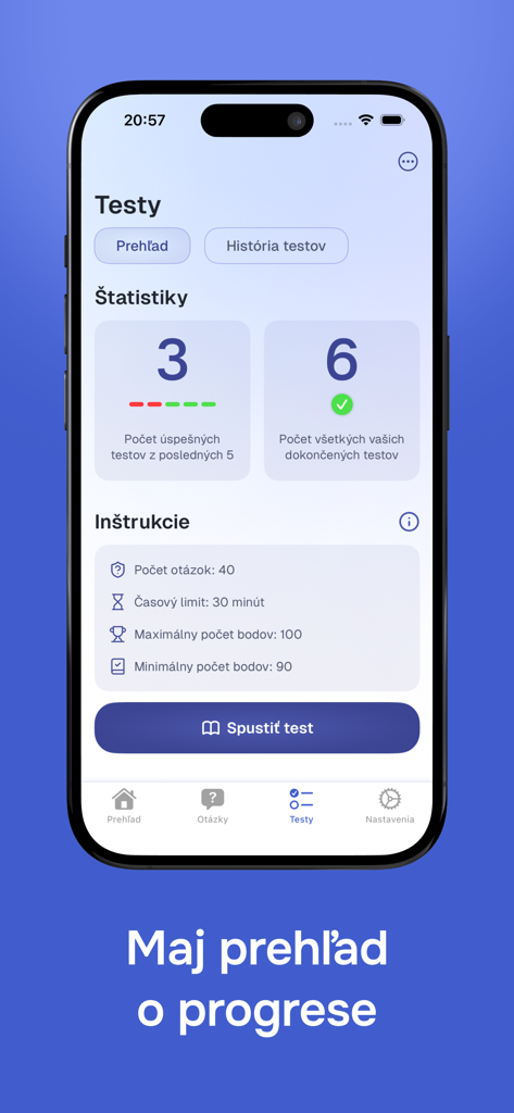 Autoškola - 2026 (SK) - Panel de control de la aplicación Autoskola 2026 mostrando estadísticas del examen de conducir e instrucciones para los exámenes teóricos de conducir eslovacos.