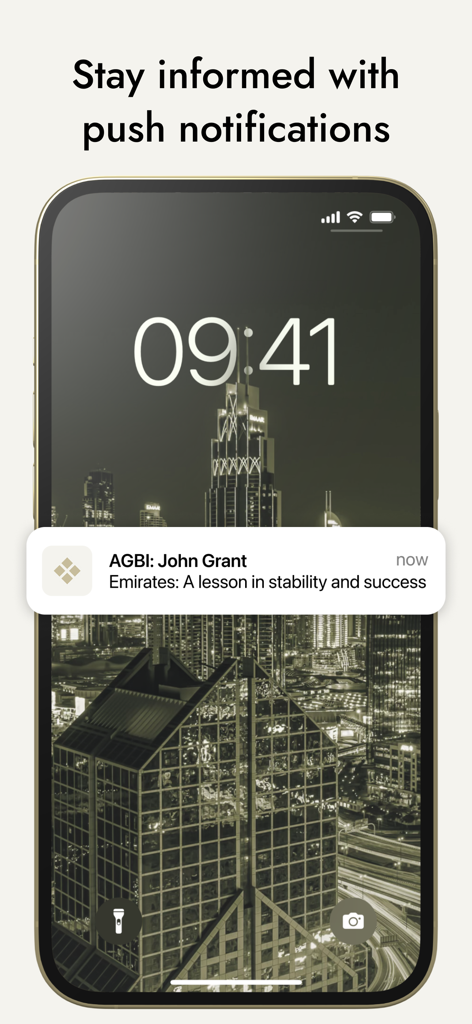 AGBI - Smartphone lock screen displaying an AGBI push notification with a business news alert about Emirates