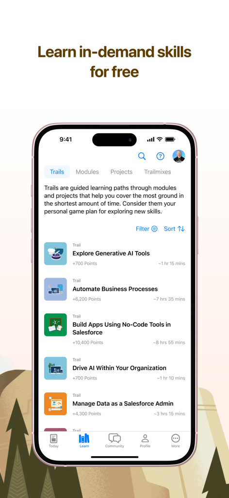 Trailhead GO - iPhone screenshot of the Trailhead GO app showing various Salesforce learning trails and modules