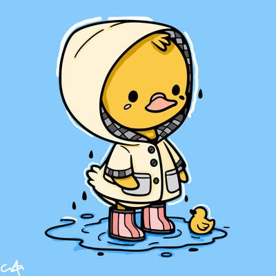 baby duck in a rain coat and boots, in a puddle while it’s raining
