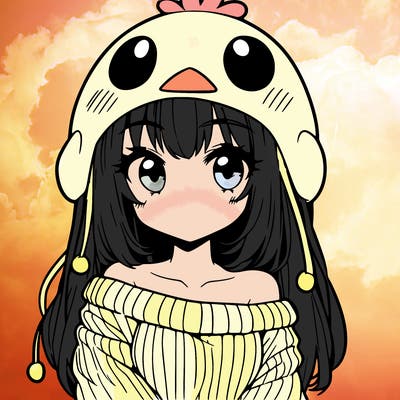 anime girl with chick shaped hat with sweater with bare shoulders with bangs covering them one eye with low tail