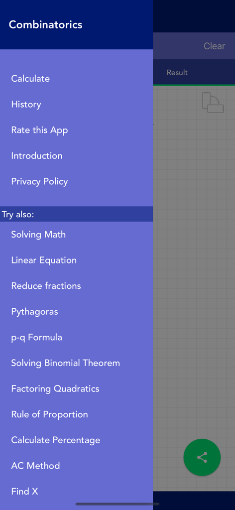 Combinatorics PRO - Das Seitenmenü der Combinatorics PRO App mit Navigationsoptionen und Links zu anderen Mathematik-Tools