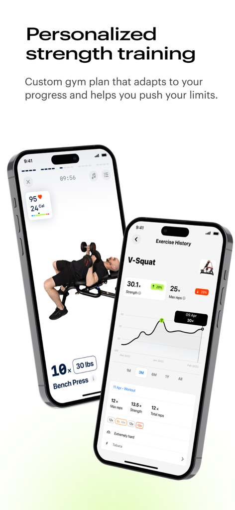 Fitify Gym app interface displaying personalized strength training and exercise history