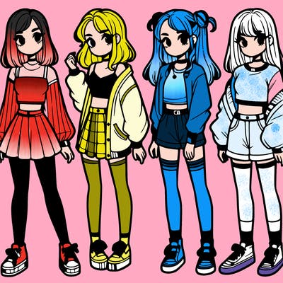 one girl with crop-top shirt and a jacket with a skirt, long socks and another girl with a shirt and pants with a jacket